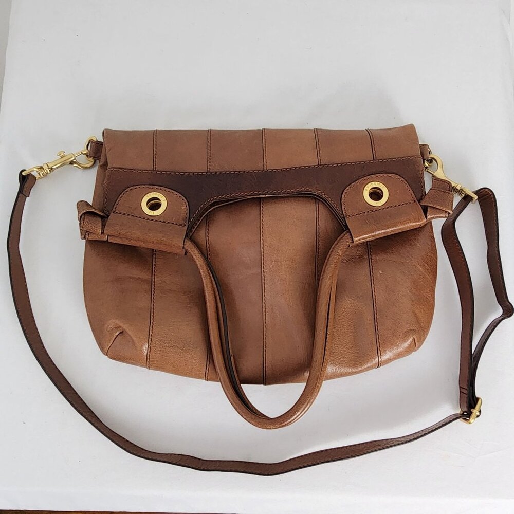 Liz Claiborne Tan Brown Leather Large Crossbody Fold Over Tote Brass Hardware